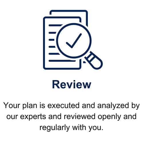 Review: Your plan is executed and analyzed by our experts and reviewed openly and regularly with you.